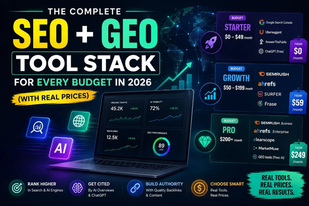 The Complete SEO + GEO Tool Stack for Every Budget in 2026 (With Real Prices)